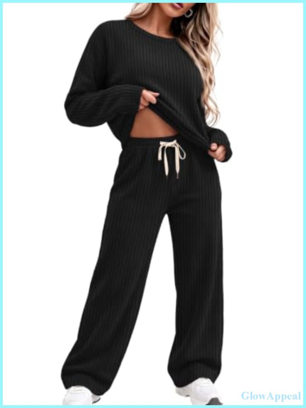 Women's Waffle Knit Pajama Set Long Sleeve Crew Neck Lounge Two Piece Sleepwear